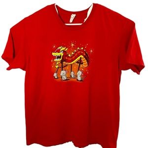 Chinese Zodiac Year of the Rat on Live and Tell Label Lion Dance Tee Red Size 2X